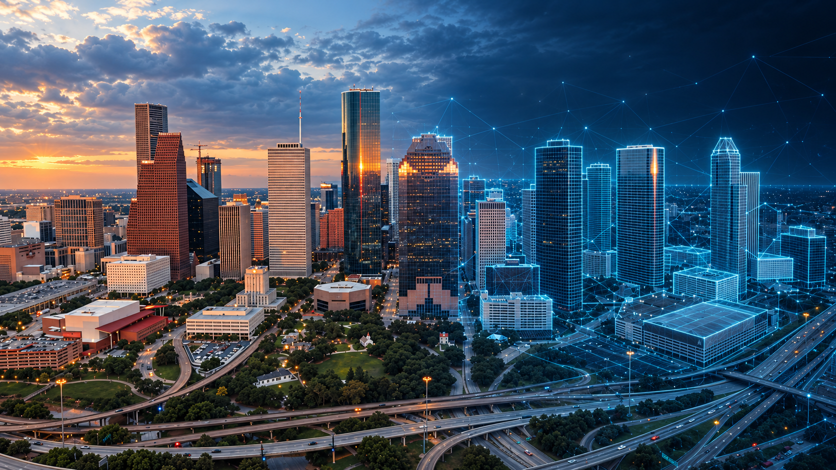 Houston skyline transitioning from warm sunset photography to blue digital architecture